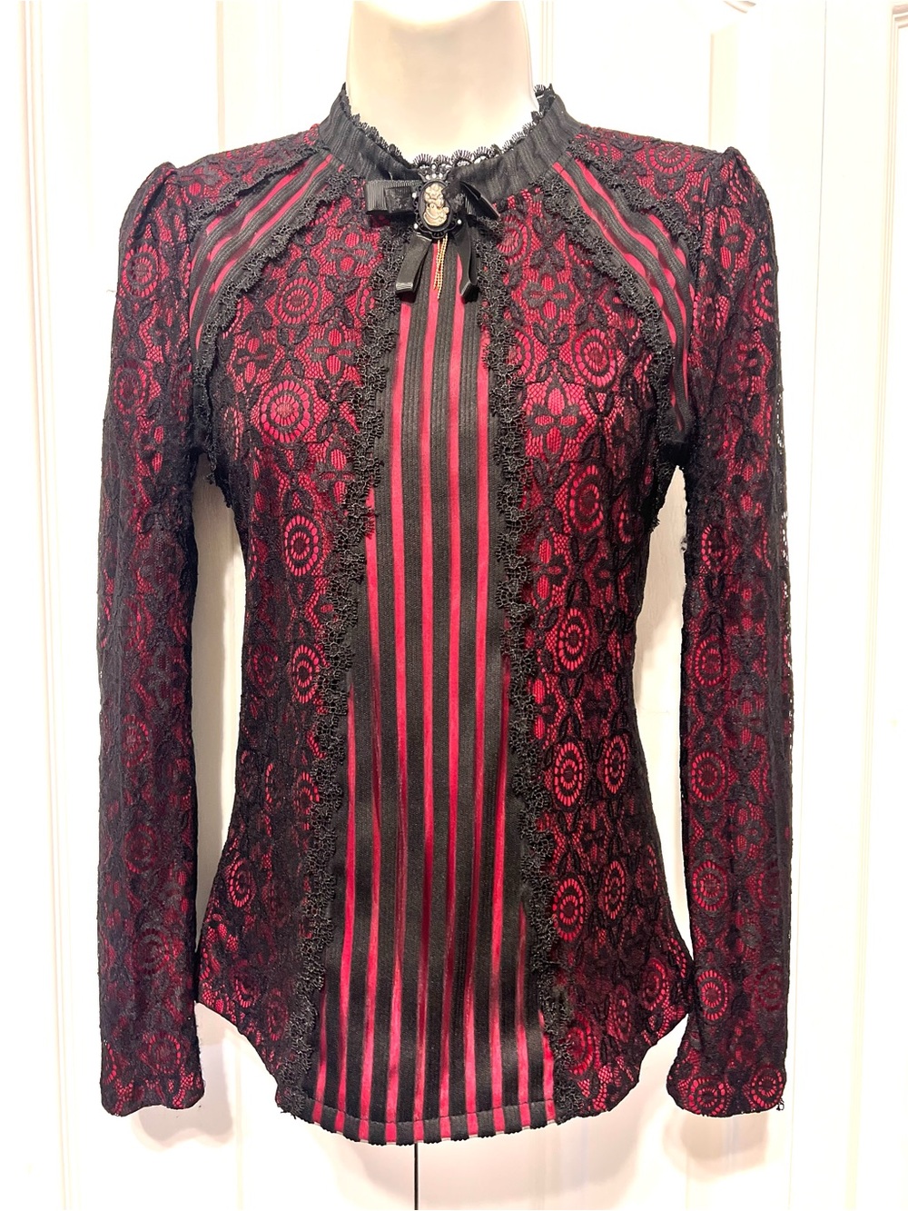 Beifei Dress Women's Black Lace Overlay Blouse with Red Underlay-Small-Stretch